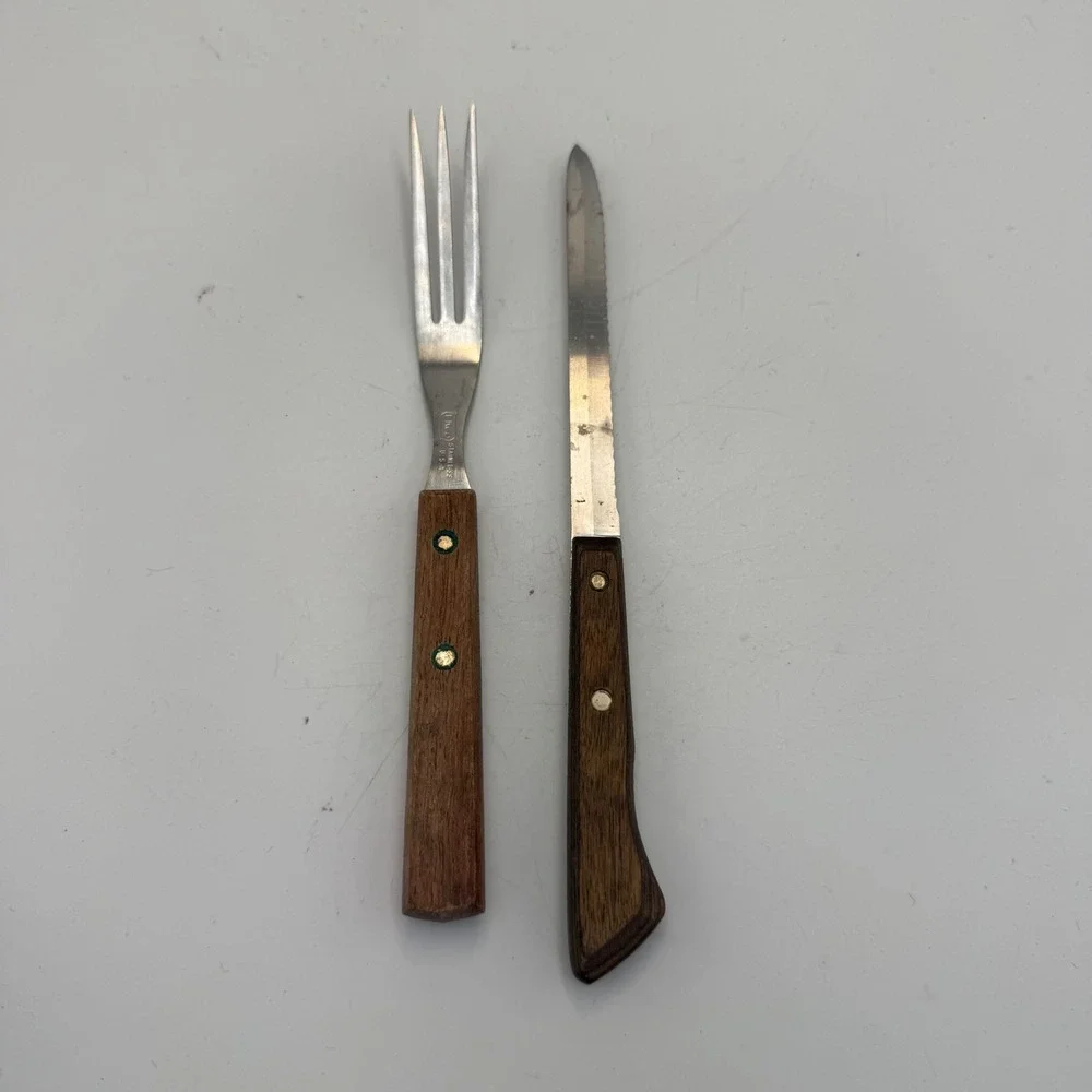 Vintage Ekco Flint Stainless Vanadium Knife and Meat Granny Fork Wood Handle USA